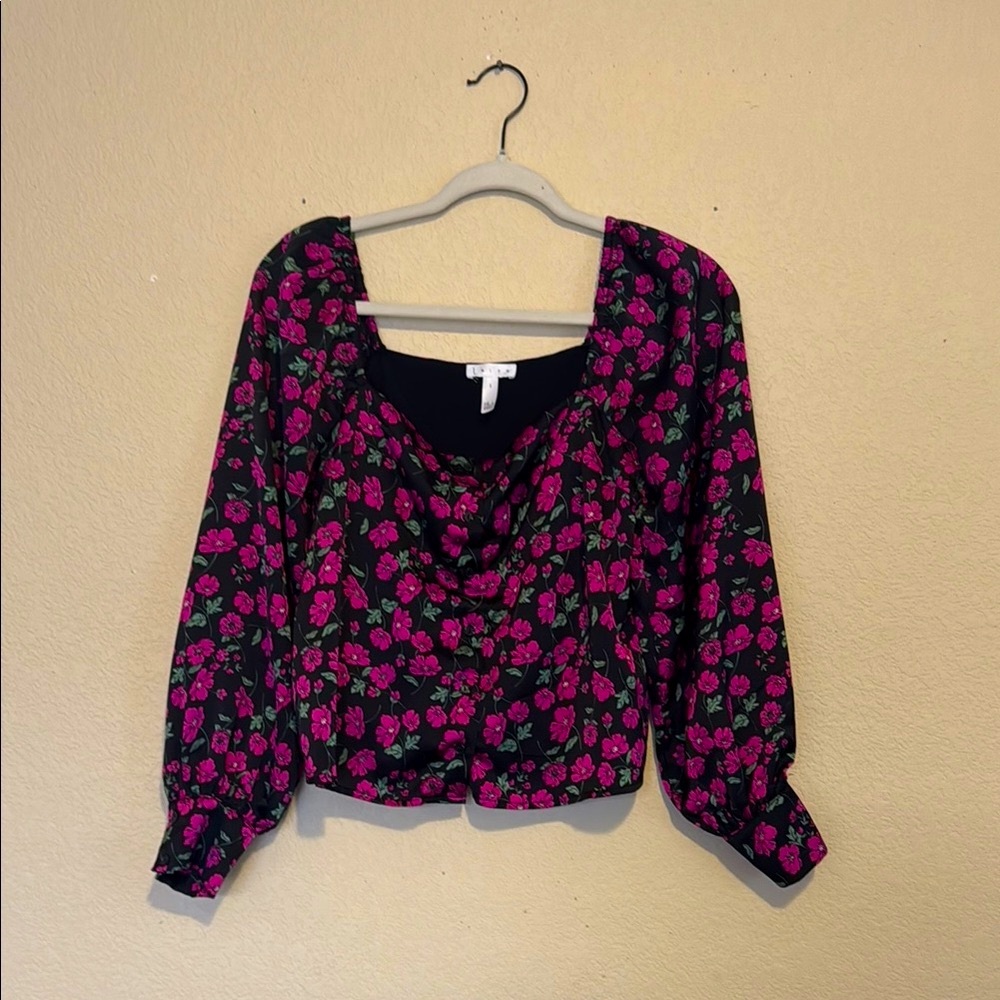 Leith Floral Black and Pink Button Front Blouse Top